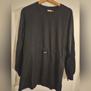 Black Longline Sweatshirt Dress with Adjustable Waist - Casual and Comfy